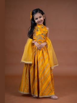 Mini Maana - Aarvi Girls Mustard Muslin Silk Hand Embroidered Lehenga Set