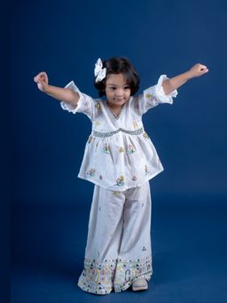Mini Maana - Ananya Girls White Cotton Embroidered Sharara Set