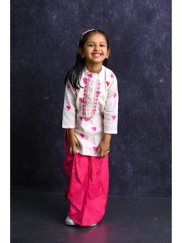 Mini Maana - Mahira Girls Pink and White Cotton Embroidered Kurta and Dhoti Set