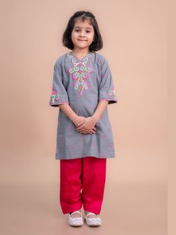 Mini Maana - Prisha Grey Jamdani Cotton Embroidered Kurta with Salwar