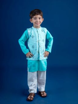 Mini Maana - Blue Ishvik Cotton Embroidered Kurta with Pyjama and Nehru Jacket