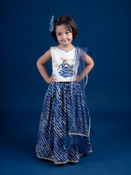 Mini Maana - Indira Girls Blue Leheriya Embroidered Lehenga Set
