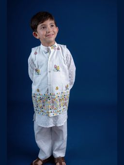 Mini Maana - White Karan Cotton Embroidered Kurta Pyjama Jacket Set