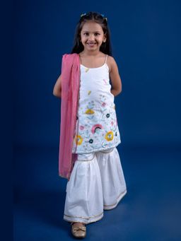 Mini Maana - Girls White Cotton Embroidered Sharara Set