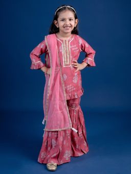 Mini Maana - Pink Meher Girls Muslin Silk Embroidered Sharara Set