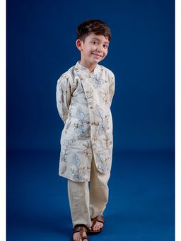 Mini Maana - Off White Mitansh Boys Cotton Embroidered Sherwani Set