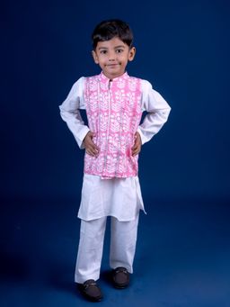 Mini Maana - Pink Parth Cotton Printed Kurta Pyjama and Nehru Jacket