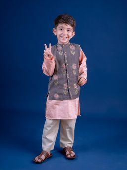 Mini Maana - Peach Muslin Silk Embroidered Kurta Pyjama Set