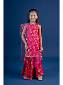 Mini Maana - Pink Riddhi Girls Cotton Floral Sharara Set with Hair Accessory