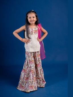 Mini Maana - Beige Ruhi Girls Cotton Embroidered Kurta and Sharara Set