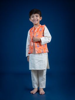 Mini Maana - Orange Shaurya Cotton Embroidered Bandi and Kurta Pyjama For Boys