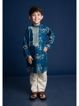 Mini Maana - Navy Blue Tarun Boys Cotton Jamdani Embroidered Kurta Set