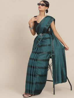 ISHIN - Womens Silk Blend Green Striped Saree with Unstitched Blouse