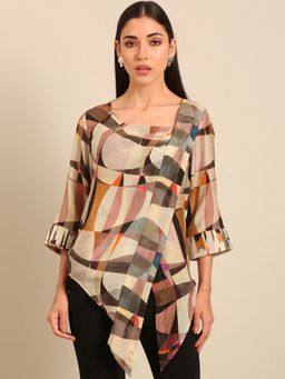 ASMI By Mayank Modi - Beige Abstract Printed Muslin Top (The Mosaic Muse)