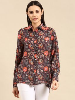 ASMI By Mayank Modi - Pastel Printed Brown Muslin Shirt Style Top