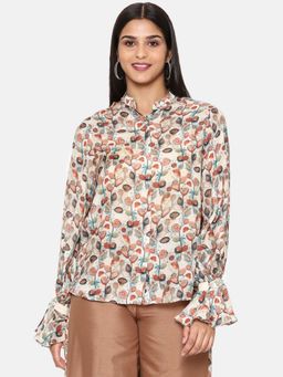 ASMI By Mayank Modi - Brown Printed Comfort Short Muslin Shirt Style Top