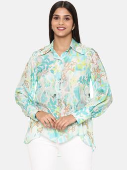 ASMI By Mayank Modi - Aqua Printed Comfort Short Muslin Shirt Style Top