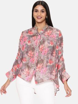 ASMI By Mayank Modi - Pink Printed Comfort Short Muslin Shirt Style Top