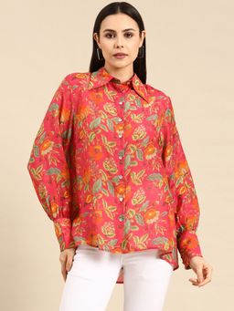 ASMI By Mayank Modi - Pink Floral Printed Muslin Shirt