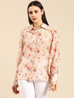 ASMI By Mayank Modi - Peach Floral Printed Muslin Shirt