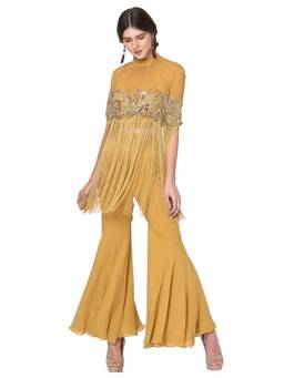 Mani Bhatia - Mustard Fringe Top With Palazzo