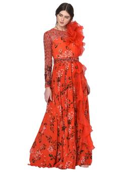 Mani Bhatia - Red Floral Printed Organza Ruffle Drape Jumpsuit