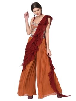 Mani Bhatia - Rust Top With Palazzo And Drape