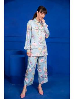 Mani Bhatia - Blue Floral Printed Over Shirt With Pant