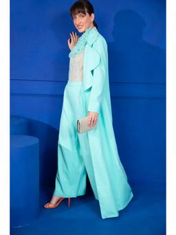 Mani Bhatia - Aqua Blue Ruffled Top With Pant And Coat