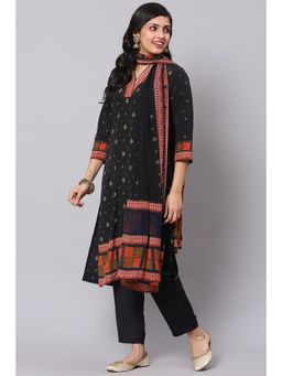 Biba - Black Crepe Unstitched Dress Material Suit Set