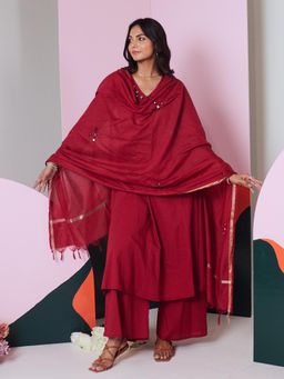 Gulaal - Ajuni Maroon Mirror Embroidered Kurta Palazzo with Chanderi Dupatta (Set of 3)