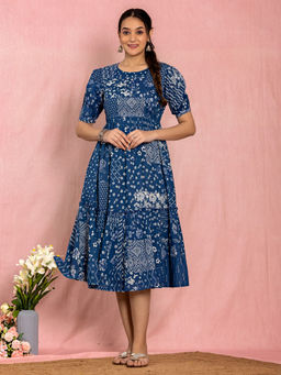 Kasya - Teal Cotton Flared Floral Printed Midi Dress