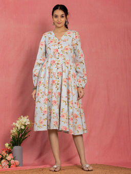 Kasya - Pastel Blue Cotton Floral Printed Flared Midi Dress