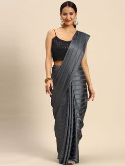 Tikhi Imli - Grey Colored Satin Striped Saree with Embellished with Unstitched Blouse