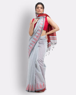 Angoshobha - Silver Grey Handloom Cotton Blend Saree with Unstitched
