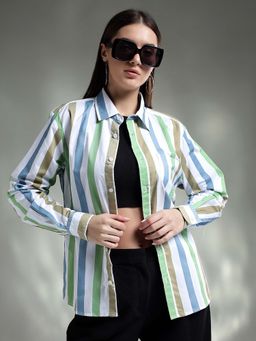 KOTTY - Women Striped Looking Spread Collar Multi-Color Shirt