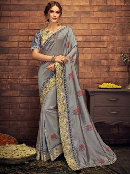Odette - Grey Dual Tone Silk Designer Saree with Unstitched Blouse