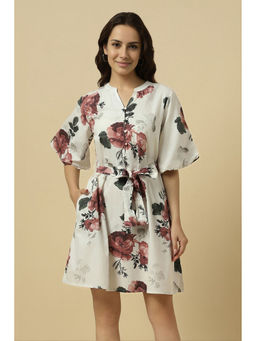 Allen Solly - Women White Floral Printed Casual Dress with Belt (Set of 2)