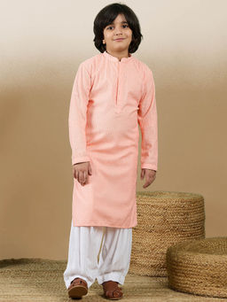 Sanwara - Dapper and Dazzling Boys Embroidered Peach Cotton Kurta with Salwar (Set of 2)