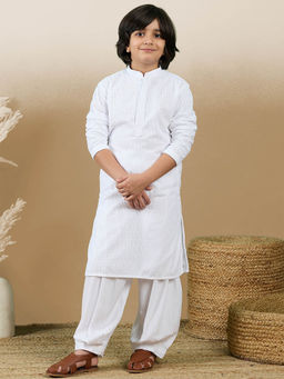 Sanwara - Dapper and Dazzling Boys Embroidered White Cotton Kurta with Salwar (Set of 2)