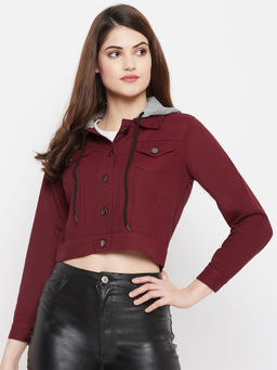 Uptownie - Women's Solid Hooded Maroon Denim Jacket