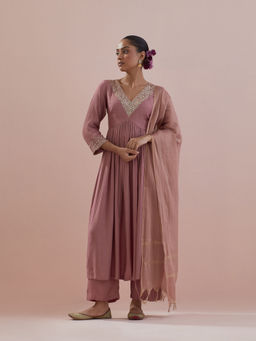 Ikshita Choudhary - Pink Embellished Anarkali Kurta with Pant and Dupatta (Set of 3)