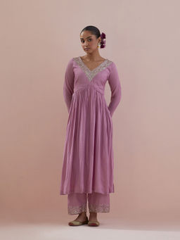 Ikshita Choudhary - Lavender Embellished Anarkali Kurta with Pant (Set of 2)