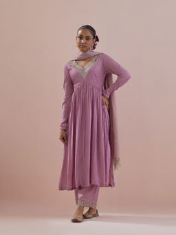 Ikshita Choudhary - Lavender Embellished Anarkali Kurta with Pant and Dupatta (Set of 3)
