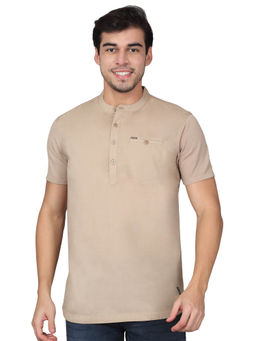 Cantabil - Mens Solid Beige Mandarin Collar Regular Fit Half Sleeves T-Shirt