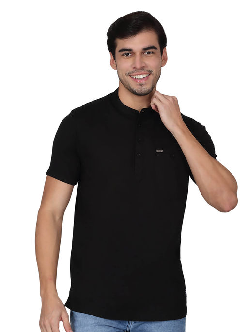 Cantabil Mens Solid Black Mandarin Collar Regular Fit Half Sleeves T-Shirt