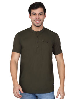 Cantabil - Mens Solid Olive Mandarin Collar Regular Fit Half Sleeves T-Shirt