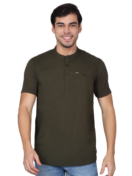Cantabil Mens Solid Olive Mandarin Collar Regular Fit Half Sleeves T-Shirt