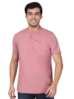 Cantabil - Mens Solid Pink Mandarin Collar Regular Fit Half Sleeves T-Shirt