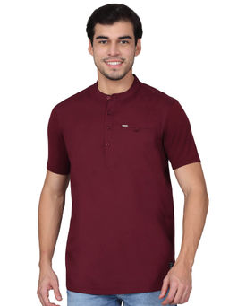 Cantabil - Mens Solid Wine Mandarin Collar Regular Fit Half Sleeves T-Shirt